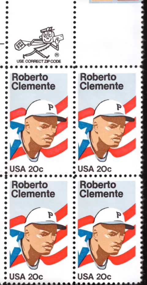 1984 Roberto Clemente block of four – Mr. ZIP / USE CORRECT ZIP CODE selvage