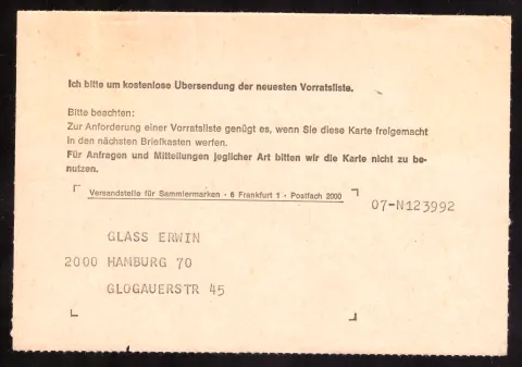 Stock-list request card to Versandstelle für Sammlermarken