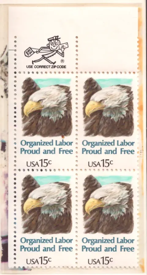 Organized Labor – block of four with upper ZIP selvage