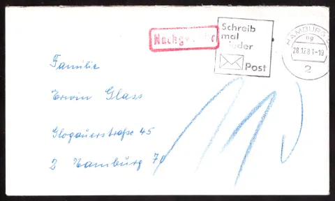 Cover to the Glass family with postage-due marking