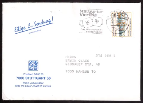 Urgent printed matter from Stuttgart with 70-pfennig stamp