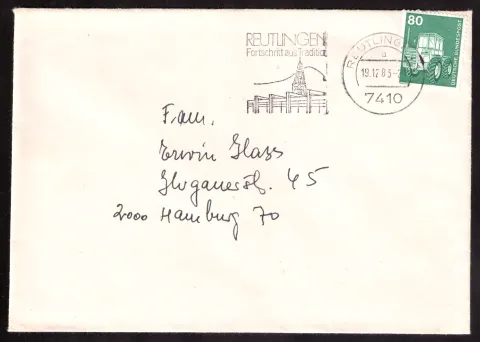 Reutlingen cover with 80-pfennig tractor stamp