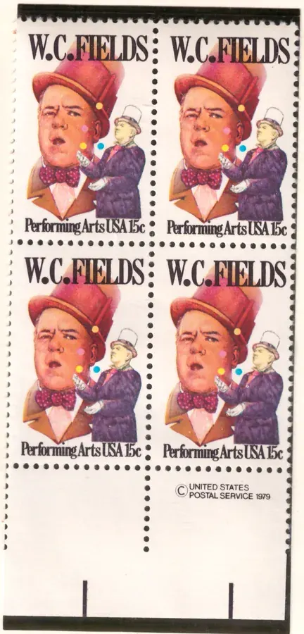 W. C. Fields – block of four with lower copyright selvage
