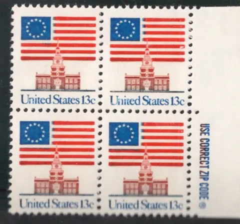 Flag over Independence Hall block of four — ZIP Code selvage