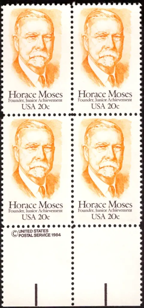 1984 Horace Moses / Junior Achievement block of four – USPS copyright selvage