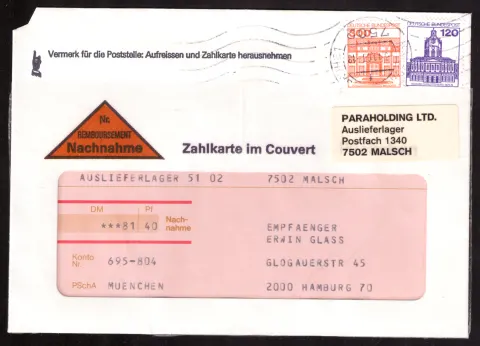 ParaHolding cash-on-delivery cover with 420-pfennig franking