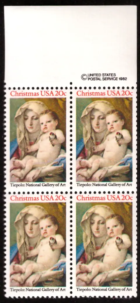 Christmas: Tiepolo Madonna and Child block of four — copyright selvage
