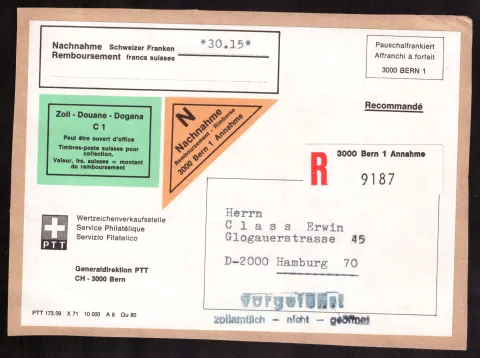 Swiss PTT registered COD cover for collectors’ stamps