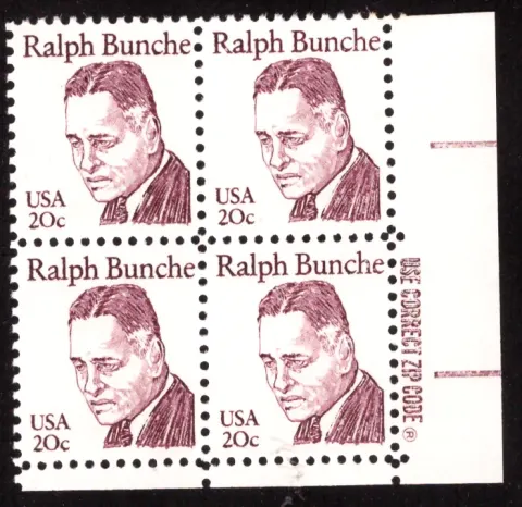 Ralph Bunche block of four — ZIP Code selvage