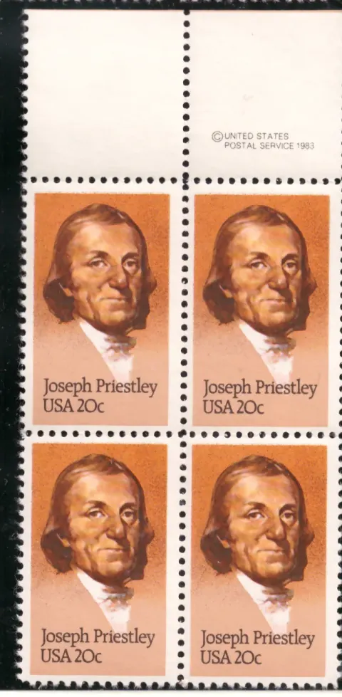 Joseph Priestley block of four — copyright selvage