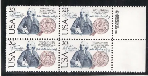 USA–Sweden Treaty of Amity block of four — copyright selvage