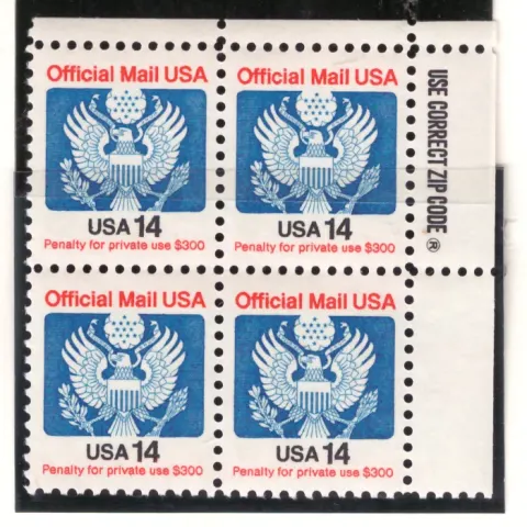 1985 Official Mail – 14-cent Great Seal block of 4
