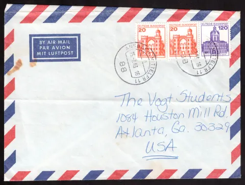 West Germany airmail cover to Atlanta – 160 Pf castles franking