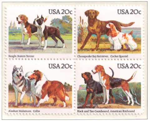 1984 Dogs se-tenant block of 4