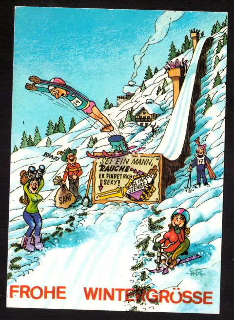 Humorous winter greetings from a ski resort