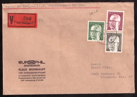 EUROPHIL insured letter for DM 500 with five wax seals