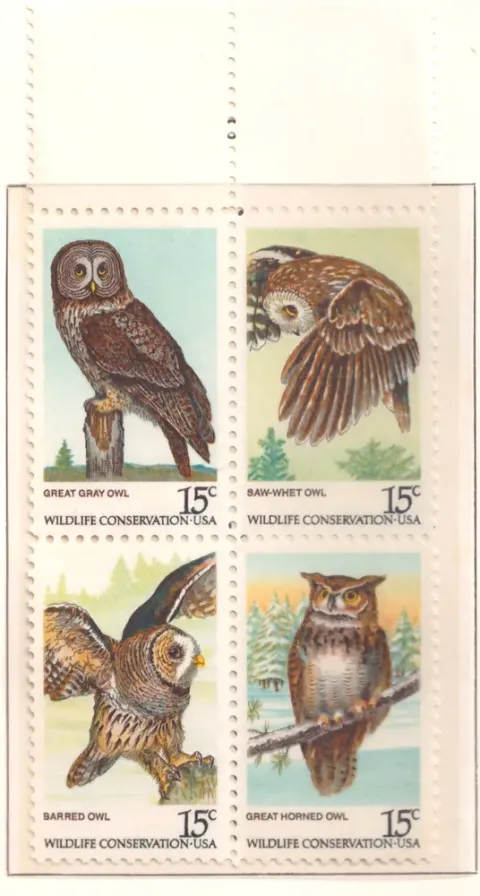 American Owls – block of four with top selvage