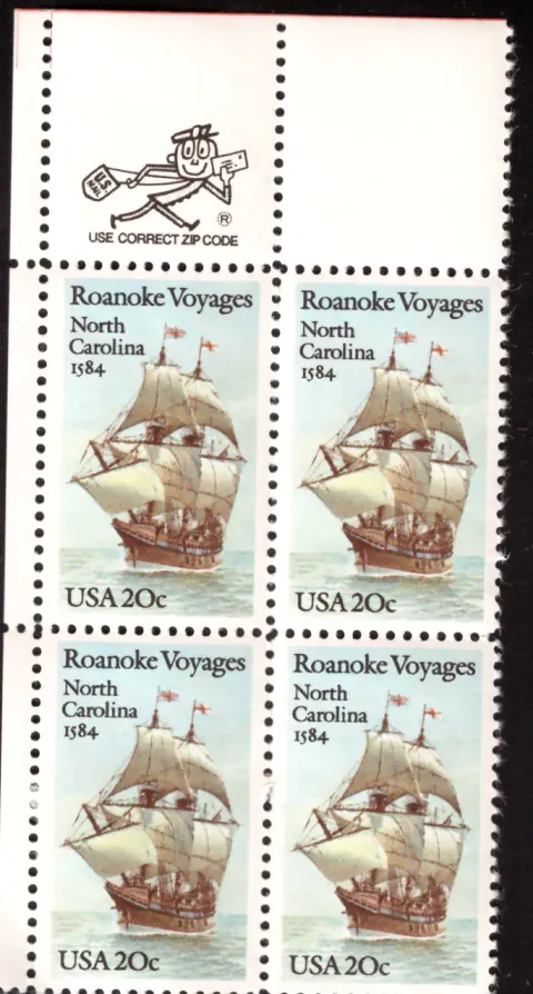 1984 Roanoke Voyages block of four – Mr. ZIP / USE CORRECT ZIP CODE selvage