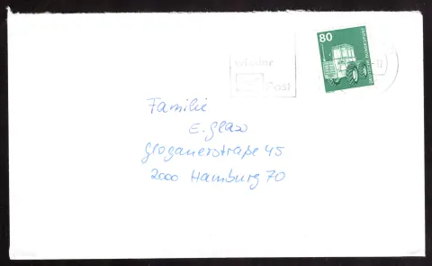 Cover with 80-pfennig tractor and “Schreib mal wieder” slogan