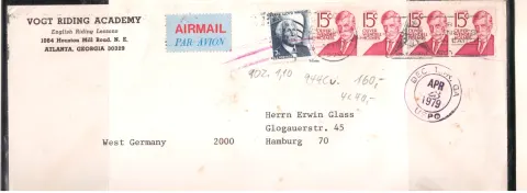 Vogt Riding Academy airmail cover – Holmes strip franking