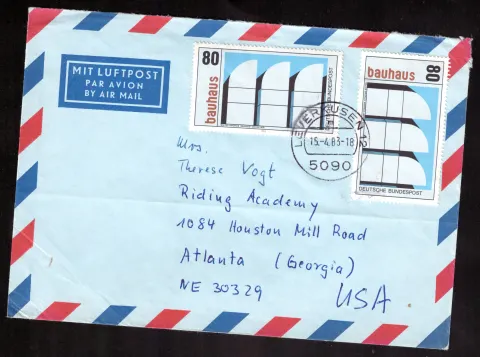 Düsseldorf–Atlanta airmail cover with two Bauhaus stamps