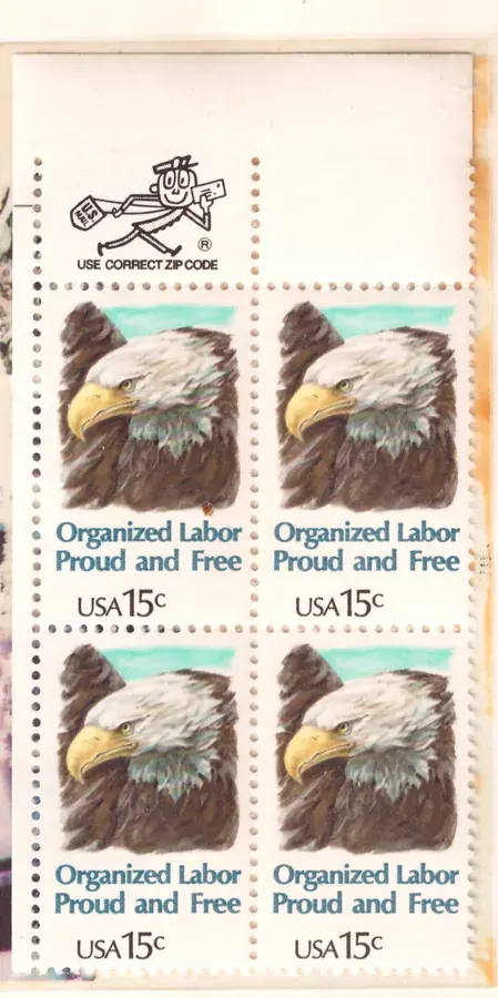 Organized Labor – block of six with upper ZIP selvage