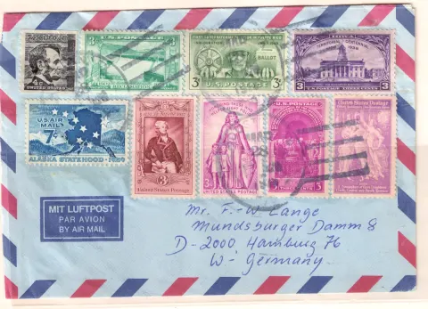 Philatelic air-mail cover to Hamburg – nine-stamp franking