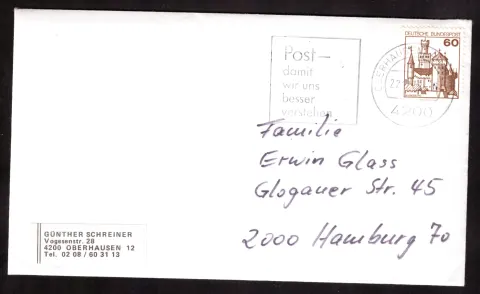 Cover from Oberhausen with 60-pfennig Marksburg stamp