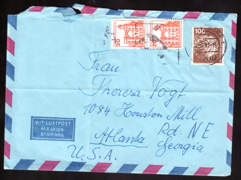 Airmail cover from Düsseldorf to Atlanta