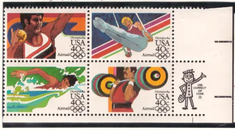 1983 Olympics '84 airmail se-tenant block – Mr. ZIP selvage