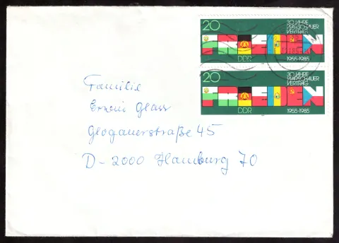 GDR cover with two “30 years Warsaw Treaty” stamps