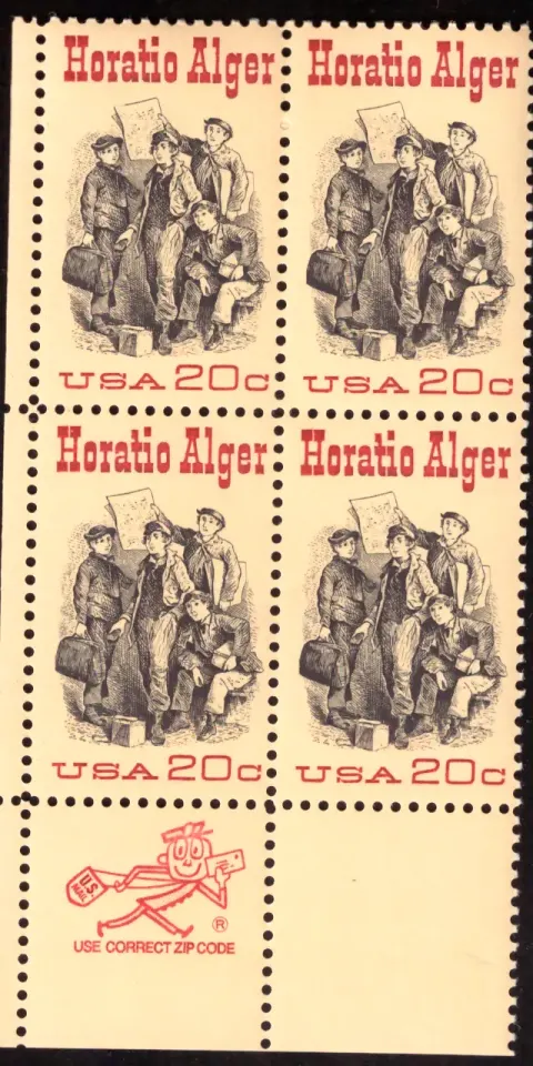 Horatio Alger block of four — Mr. ZIP selvage