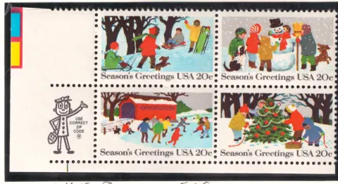 Seasons Greetings se-tenant block — Mr. ZIP and color-bar selvage