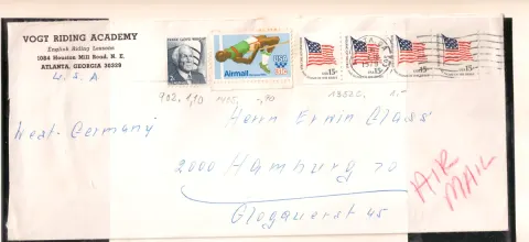 Vogt Riding Academy airmail cover – Olympic and Flag franking