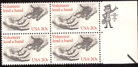 Volunteer: Lend a Hand block of four — Mr. ZIP selvage