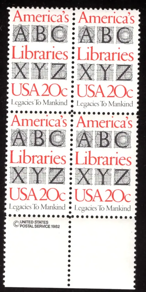 America's Libraries block of four — copyright selvage