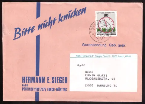 Hermann E. Sieger merchandise cover with Save the Forest stamp