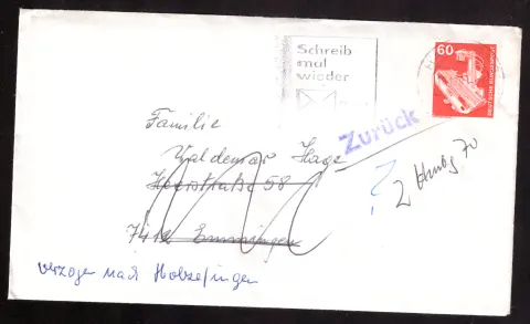 Misdirected and returned cover with 60-pfennig stamp