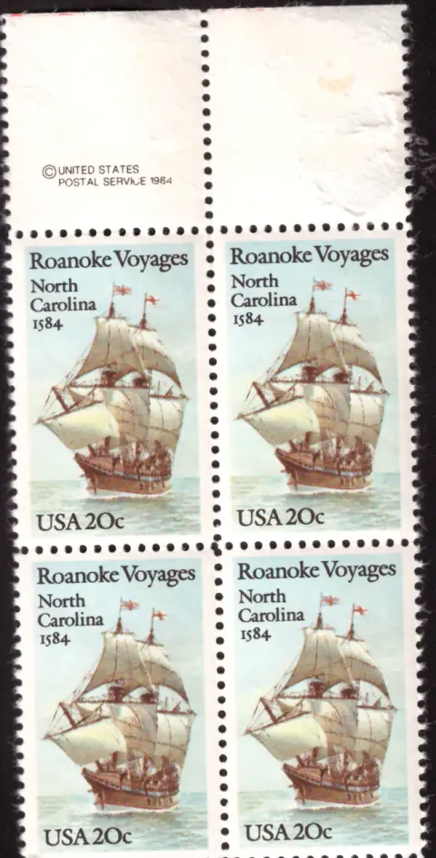 1984 Roanoke Voyages block of four – USPS copyright selvage