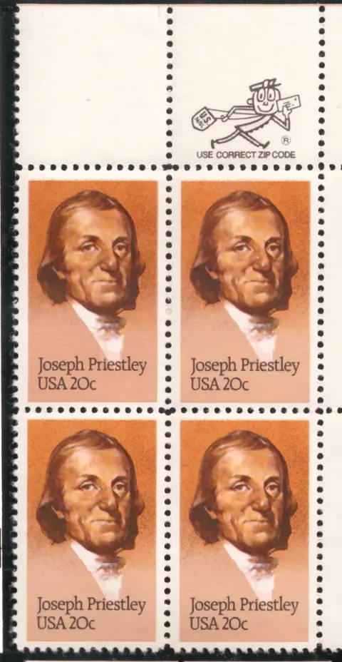 Joseph Priestley block of four — Mr. ZIP selvage