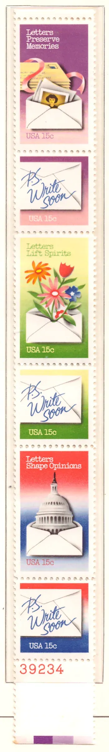 Letter Writing – complete vertical plate strip of six