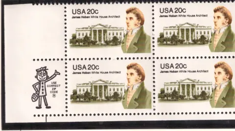 James Hoban, White House Architect – 20c margin block of 4