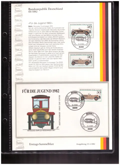 Ersttags-Sammelblatt 6b/1982 – For Youth 1982 – historic motor vehicles