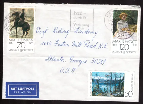 Airmail cover to Atlanta with 240-pfennig artists franking
