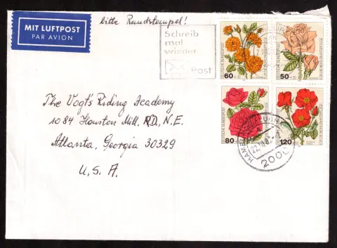 Airmail cover to Atlanta with four flower stamps