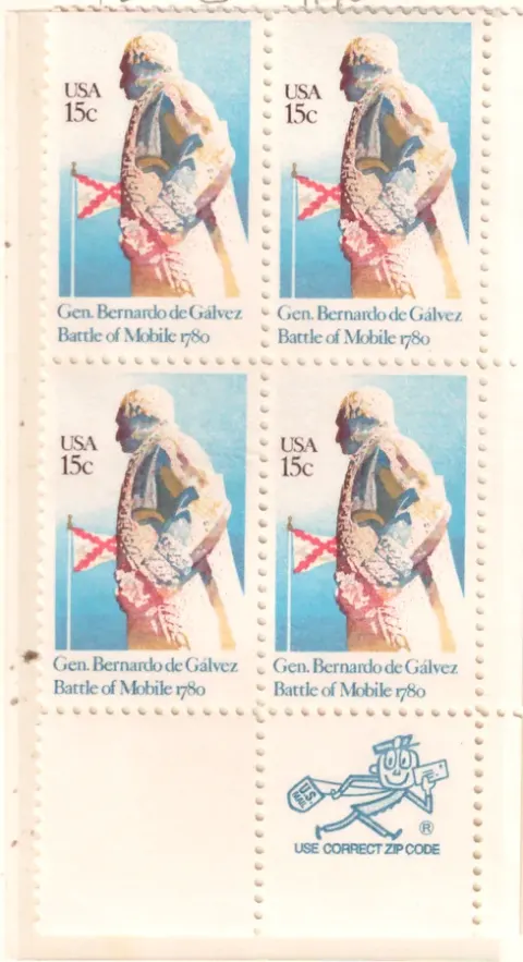 General Bernardo de Gálvez – block of four with lower ZIP selvage