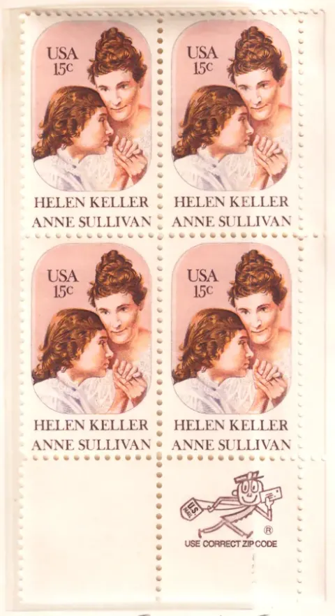 Helen Keller and Anne Sullivan – block of four with lower ZIP selvage