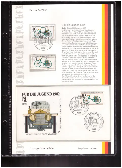 Ersttags-Sammelblatt 2a/1982 – For Youth 1982 – historic motor vehicles