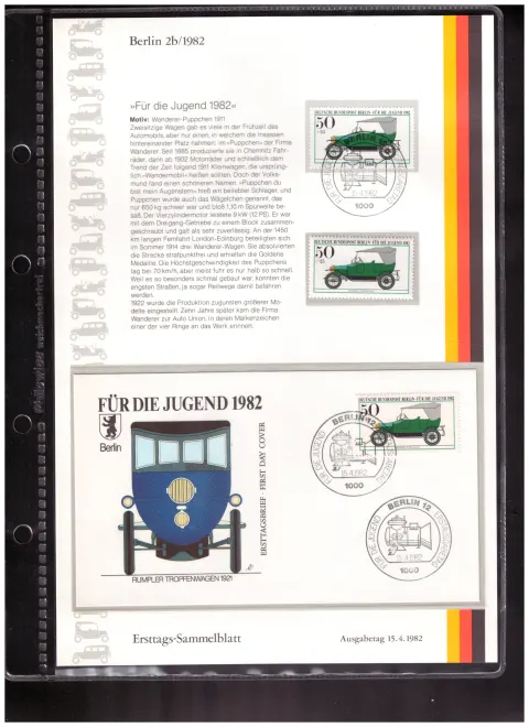 Ersttags-Sammelblatt 2b/1982 – For Youth 1982 – historic motor vehicles