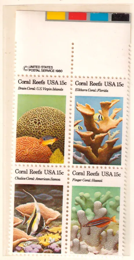 Coral Reefs – se-tenant block of four with upper copyright and color-control selvage